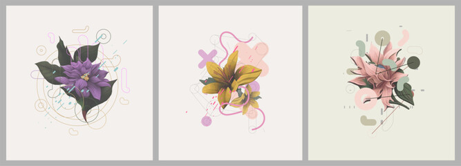 Abstract minimalist Art. Mixed style, geometric shapes and plants. Flowers, leaves. Set of vector paintings. Bauhaus. Backgrounds for poster, banner, print.