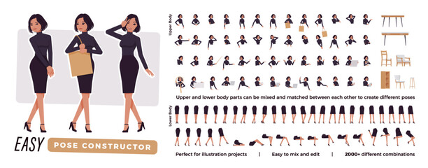 Wall Mural - Business woman brunette character easy pose constructor. Office girl drag drop set, female assistant body match, figure building. Vector flat style cartoon construction kit isolated, white background