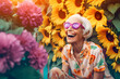 stylish old lady with pink sunglasses and flowers. generative ai
