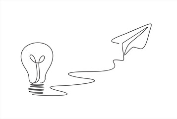 Paper plane flying up connected with light bulb in one continuous line drawing. Airplane in outline style. Startup business idea concept. Vector illustration