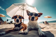Two jack russell terrier dogs in sunglasses on the beach resting under an umbrella near the ocean. Vacation and tourist season concept. Generative AI