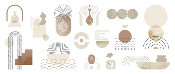 Hand drawn abstract minimal element mid century vector set. Aesthetic contemporary stripe line art, watercolor geometric shapes in earth tone. Art form design for wall art, decoration, wallpaper.