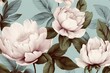 Floral Wallpaper, Watercolor Peonies Flower Brach Green Leave. Light Color Background. Vintage floristic Style, Generative, AI.