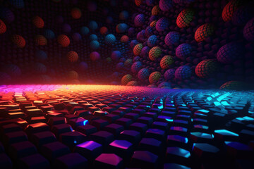 A magical realistic glowing hyper - realistic futuristic colorful mesmerizing, cyber hypnotic pattern in the style of dimensional illusion of a landscape with glowing moon and star. 