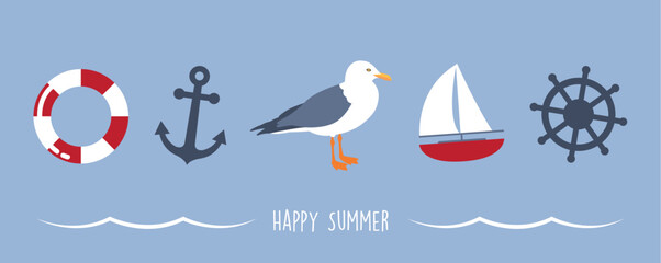 happy summer holiday banner design with gull sailing boat shell and anchor