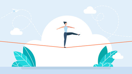Business risk and professional strategy concept. Woman walking on balancing slackline rope. Conquering adversity problems solution. Businesswoman walking on a rope. Flat style. Illustration