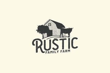 Wall Mural - rustic farm logo with a combination of field, cow and barn in vintage style.