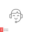 Call center operator icon. Happy operator, hotline service support in headset concept. Simple outline style. Thin line symbol. Vector illustration isolated on white background. Editable stroke EPS 10.