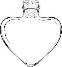 Empty Glass Heart Shaped Vial. Bottle For For Love Potion Or Alchemy With A Cork. Vector Illustrations In Hand Drawn Sketch Style Isolated On White. Black Outline Graphics For Coloring Book, Tattoo