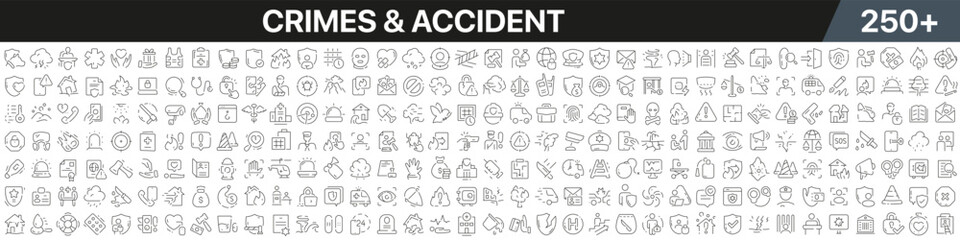 Aufkleber - Crimes and accident linear icons collection. Big set of more 250 thin line icons in black. Crimes and accident black icons. Vector illustration