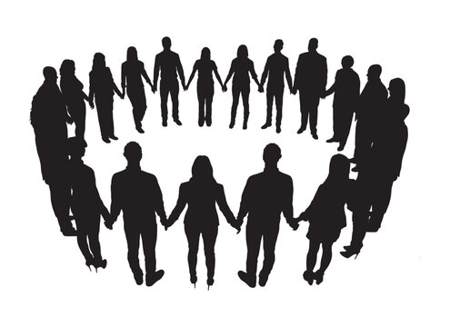 People standing in circle holding hands together full length vector silhouette.