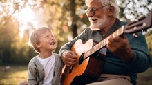 Summer 2023 Atmosphere. A Grandfather And His Grandchild Singing Songs Together. Generative Ai.