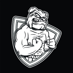 Sticker - Bulldog fitness mascot logo Black and White illustration