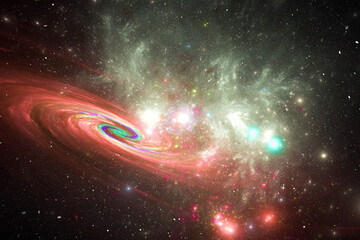 Wall Mural - red yellow clouds of stardust with disk in black space. abstract fractal 3d rendering