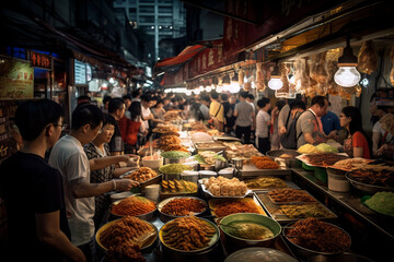 Generative ai lively asian street food market at night