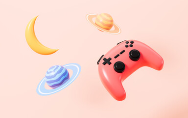 Wall Mural - Cartoon gamepad and planets in the yellow background, 3d rendering.