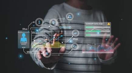 Wall Mural - young entrepreneur using big data analysis and cloud technology to collect customer data and display