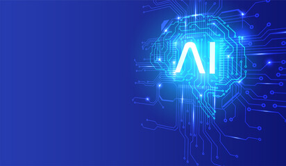 Poster - Circuit board CPU chip with AI smart brain big data processing futuristic technology. Artificial intelligence micro processor unit storage database vector concept background.