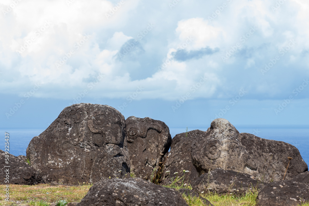 Orongo Rocks Petroglyphs on the rock at the ceremonial site of Orongo in 2023 ...