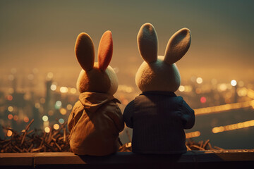 Rabbit duo enchanted by festive fireworks, a lunar celebration