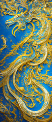 Golden chinese dragon, gold and blue color. Oil splash abstract art. Surreal. Generative Ai
