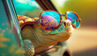 Cool turtle sunglasses looking with colorful summer background.Generative Ai
