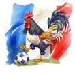 French cockerel rooster. Gallic rooster playing football. Generative AI illustration.