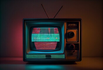 Retro wave, 80s. Old tv with antenna with neon light. Top view, minimalism. Generative AI