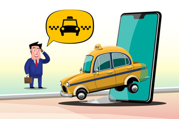 Businessman hand call taxi service by smart phone he calls a taxi using mobile app and set location for destination