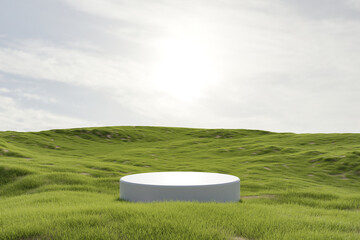 Wall Mural - Abstract 3d render platform natural background, White podium on the grass field backdrop cloud and sky for product stand display advertising, cosmetic or etc