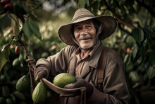 Generative AI image of positive bearded mature male farmer in hat smiling and looking at camera while working in garden with avocado trees