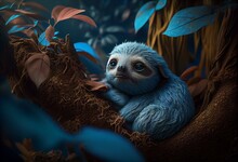 Cute Blue Sloth In Fantasy Forest. Generative AI