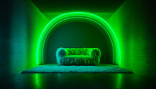 Empty Luxury Studio Room Design Interior With Fur Green Sofa And Glowing Neon Walls. Night Club With Glowing Lights. Generative AI