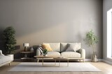 Fototapeta  - White minimalist living room interior with sofa on a wooden floor, decor on a large wall, white landscape in window. Home Nordic interior | Scandinavian interior poster mock up,Generative AI