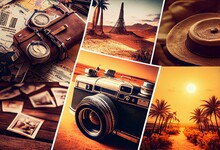 Vintage Travel Collage Background. Generative AI