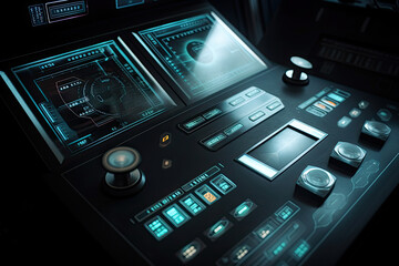 Futuristic central control panel. Operator workplace with a lot of screens and buttons for monitoring technology process at production line. Created with Generative AI