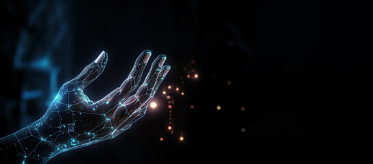 Digital hand hologram on dark background with copy space. Neural network connection. Communication with artificial intelligence. Created with Generative AI