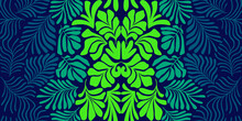 Dark Blue Green Abstract Background With Tropical Palm Leaves In Matisse Style. Vector Seamless Pattern With Scandinavian Cut Out Elements.