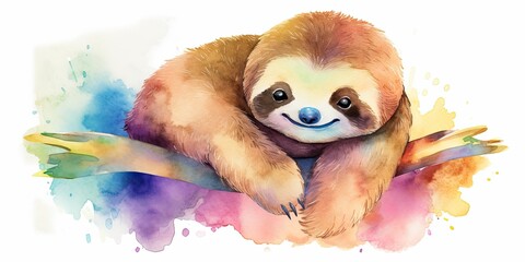 Wall Mural - colorful watercolor baby sloth illustration Generative AI art