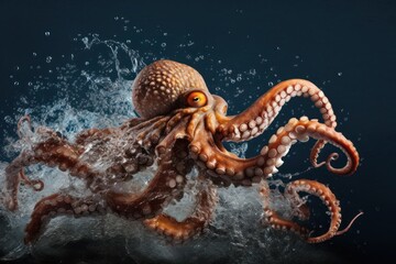 octopus in sea with splash effect isolated on dark background