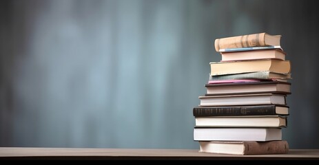 Learning and Knowledge. Books on Table with Bookshelf Background and Copy Space