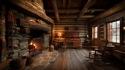 Poster - A rustic log cabin with a stone fireplace Generative AI