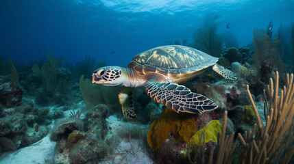 Wall Mural - A Sea Turtle Swimming in a Colorful Coral Reef Generative AI