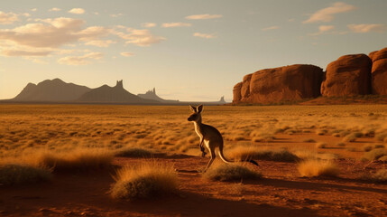 Canvas Print - A kangaroo hopping in an Australian landscape Generative AI