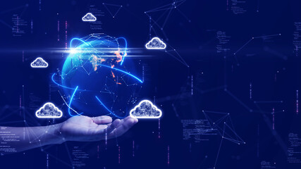 cloud and edge computing technology. Secure database storage is protected from unauthorized access and cyber threats. Polygons and interconnected global cloud network on dark blue background.