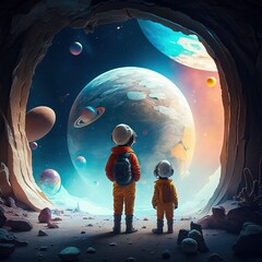 Wall Mural - child astronauts his brother on the moon looking at other planets