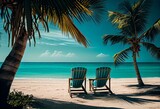 Fototapeta  - Tropical beach nature as summer landscape with leisure chairs and palm trees calm sea for beach relax banner. Luxury travel landscape beautiful destination for vacation or holiday.. Generative AI