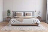 Fototapeta  - Interior of stylish room with big bed and mirror | Light, cute and cozy home bedroom interior with unmade bed | Loft and modern bedroom / 3D render image , Generative AI