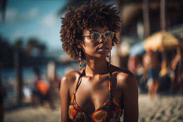 A portrait of a sensual looking attractive young black female with beautiful makeup & curly hair posing by herself at the beach wearing a brown bathing suit.generative ai.