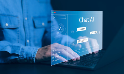 ChatGPT, Chat with AI or Artificial Intelligence technology. Man using a laptop computer chatting with an intelligent artificial intelligence asks for the answers he wants. Smart assistant futuristic,